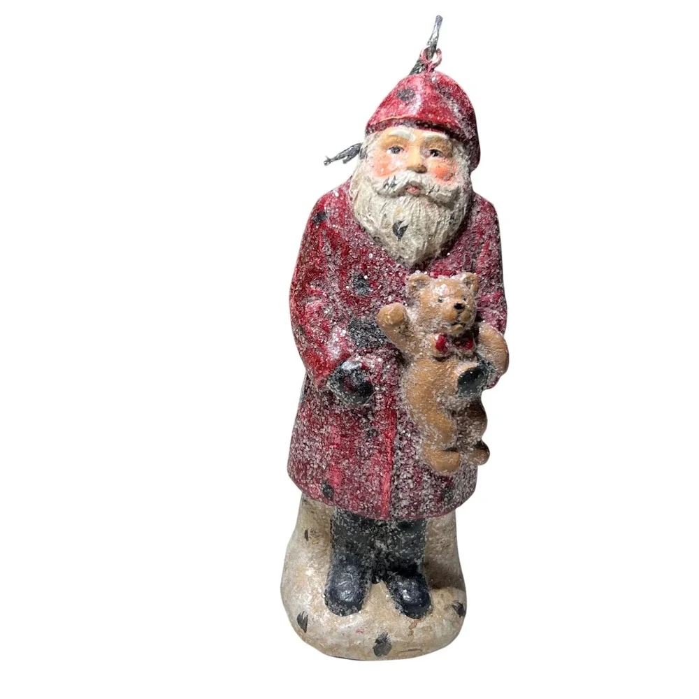 Santa Claus Ornament Figurine Holding Teddy Bear‎ Snow Christmas Holiday Decor